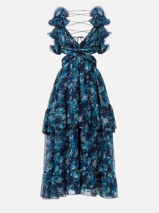 Ieena For Mac Duggal Dresses & Skirts - Ieena for Mac Duggal Ruffle Tiered Cut Out Gown Floral Blue Dress Chiffon - 6